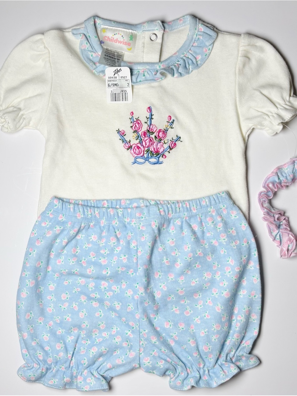 NWT Vintage 90s Childwise Floral Embroidered Top Bloomer & Headband 3PC Set